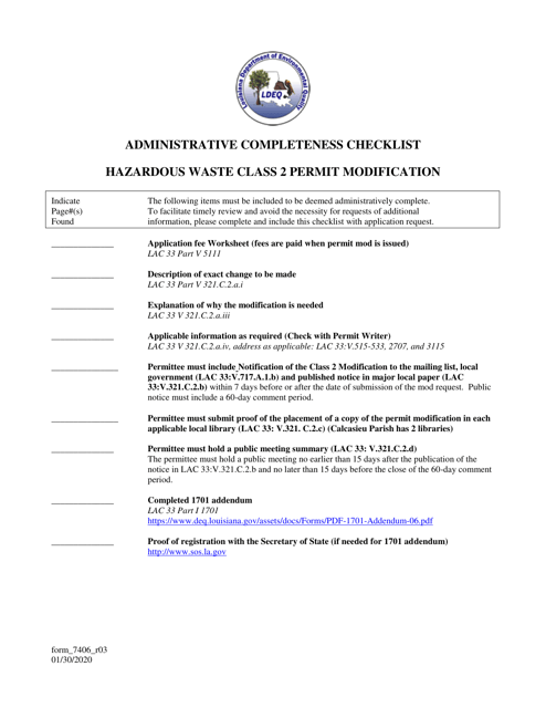 Form 7406 Administrative Completeness Checklist - Hazardous Waste Class 2 Permit Modification - Louisiana