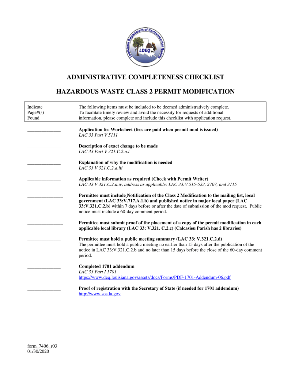 Form 7406 Administrative Completeness Checklist - Hazardous Waste Class 2 Permit Modification - Louisiana, Page 1