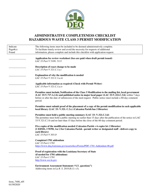 Form 7408 Administrative Completeness Checklist - Hazardous Waste Class 3 Permit Modification - Louisiana