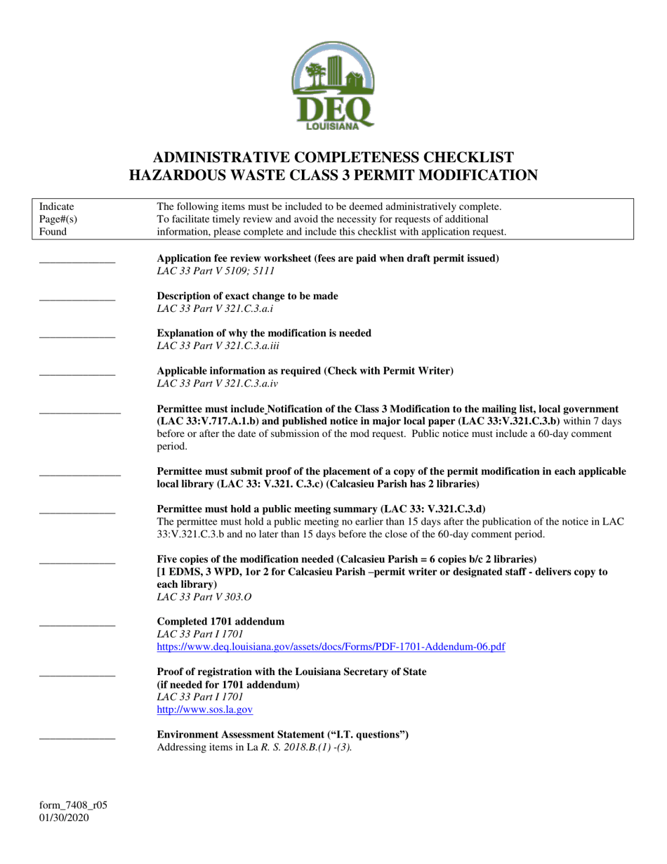 Form 7408 Administrative Completeness Checklist - Hazardous Waste Class 3 Permit Modification - Louisiana, Page 1