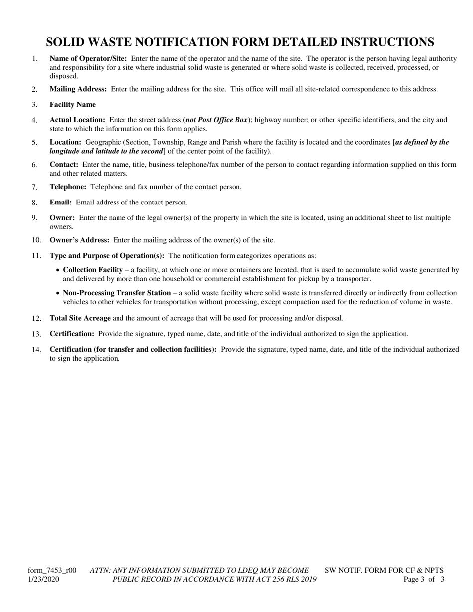 Form 7453 Solid Waste Notification Form for Collection Facilities and Non-processing Transfer Stations - Louisiana, Page 3