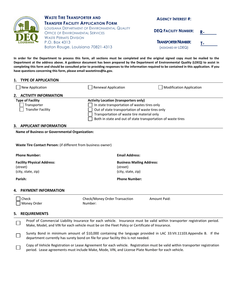 Waste Tire Transporter and Transfer Facility Application Form - Louisiana, Page 1