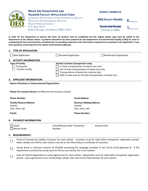 Waste Tire Transporter and Transfer Facility Application Form - Louisiana Download Pdf