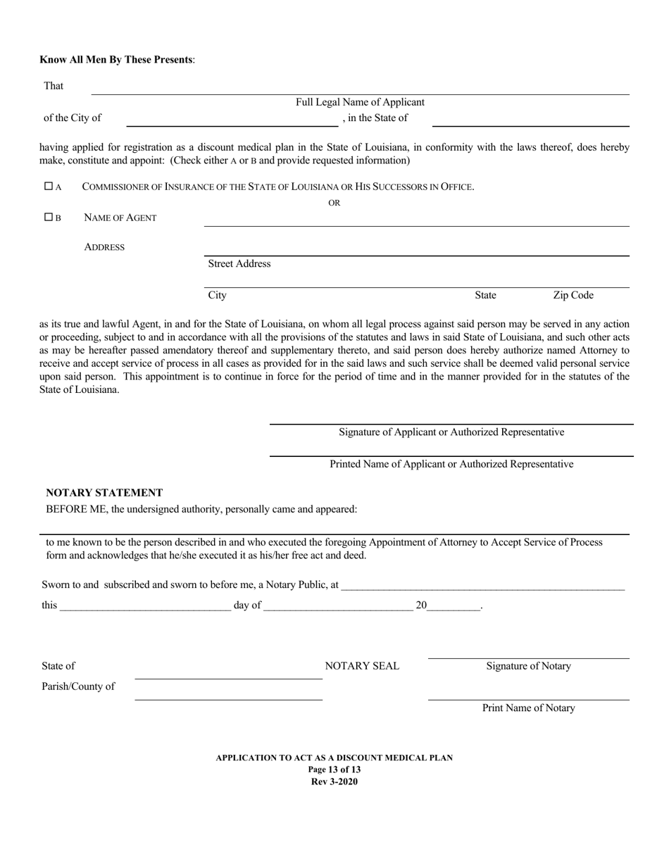 Louisiana Application to Act as a Discount Medical Plan - Fill Out ...