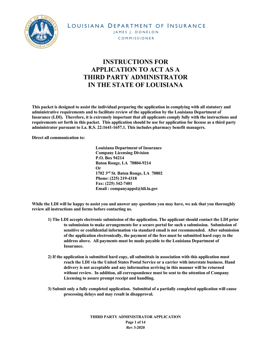 Application to Act as a Third Party Administrator in the State of Louisiana - Louisiana, Page 1