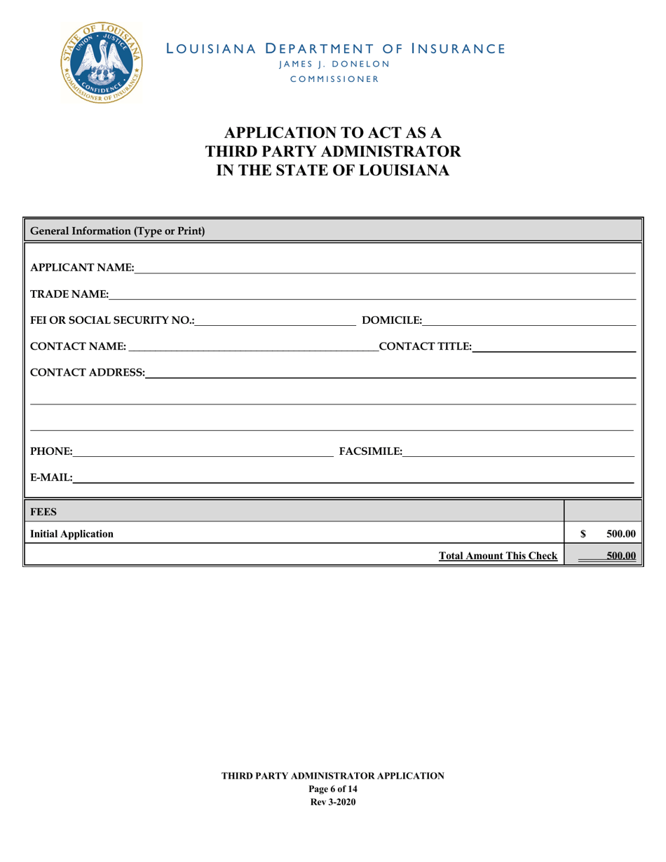 Application to Act as a Third Party Administrator in the State of Louisiana - Louisiana, Page 6