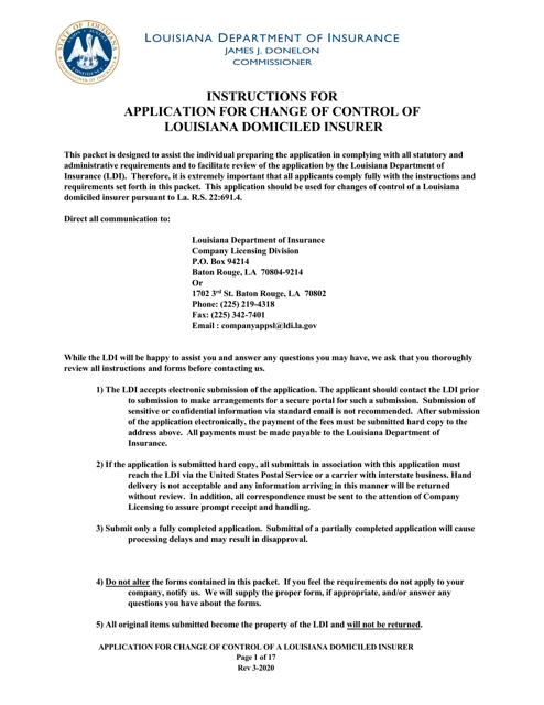 Application for Change of Control of a Louisiana Domiciled Insurer - Louisiana Download Pdf