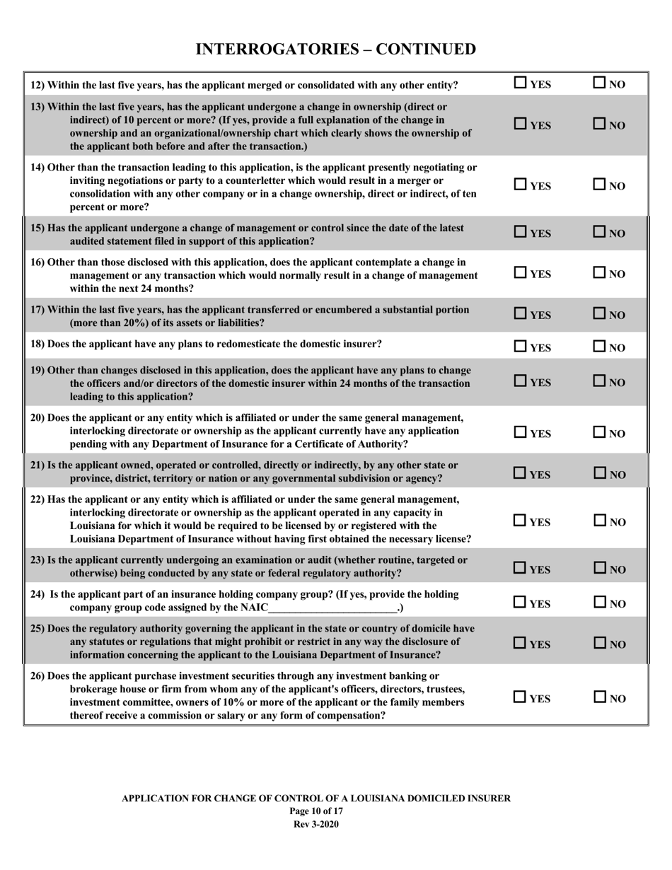 Application for Change of Control of a Louisiana Domiciled Insurer - Louisiana, Page 10