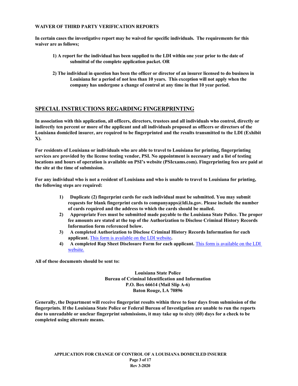 Application for Change of Control of a Louisiana Domiciled Insurer - Louisiana, Page 3