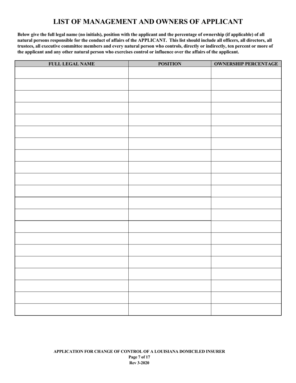 Application for Change of Control of a Louisiana Domiciled Insurer - Louisiana, Page 7