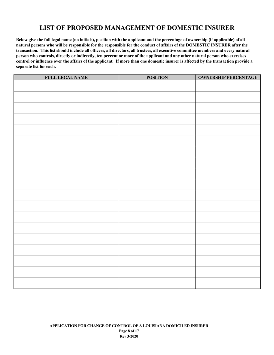 Application for Change of Control of a Louisiana Domiciled Insurer - Louisiana, Page 8