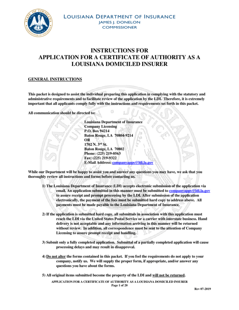 Application for a Certificate of Authority as a Louisiana Domiciled Insurer - Louisiana Download Pdf
