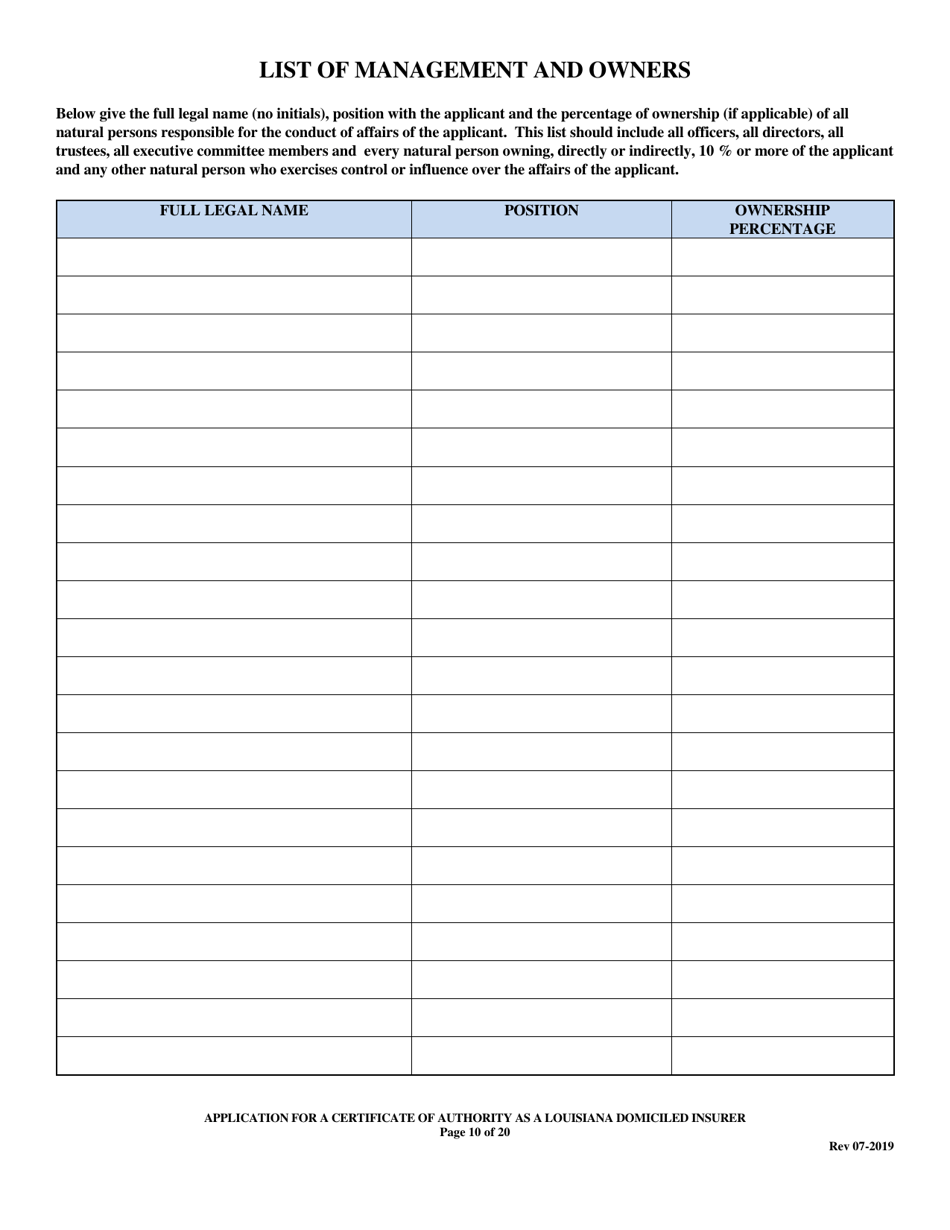 Application for a Certificate of Authority as a Louisiana Domiciled Insurer - Louisiana, Page 10