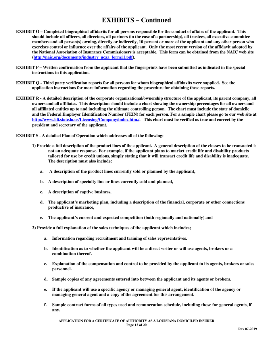 Application for a Certificate of Authority as a Louisiana Domiciled Insurer - Louisiana, Page 12
