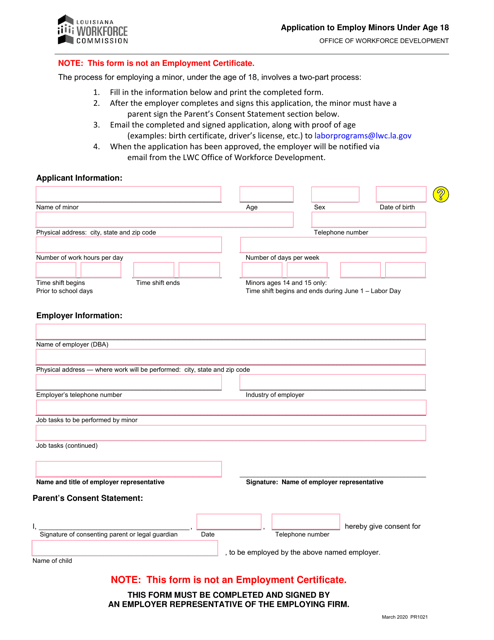 Application to Employ Minors Under Age 18 - Louisiana Download Pdf