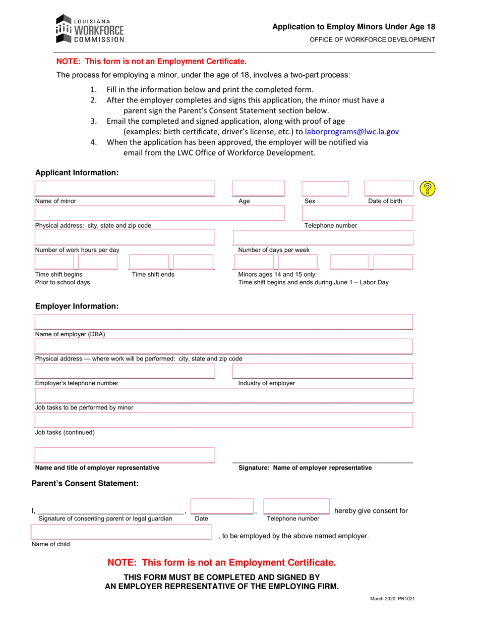 Application to Employ Minors Under Age 18 - Louisiana, Page 1