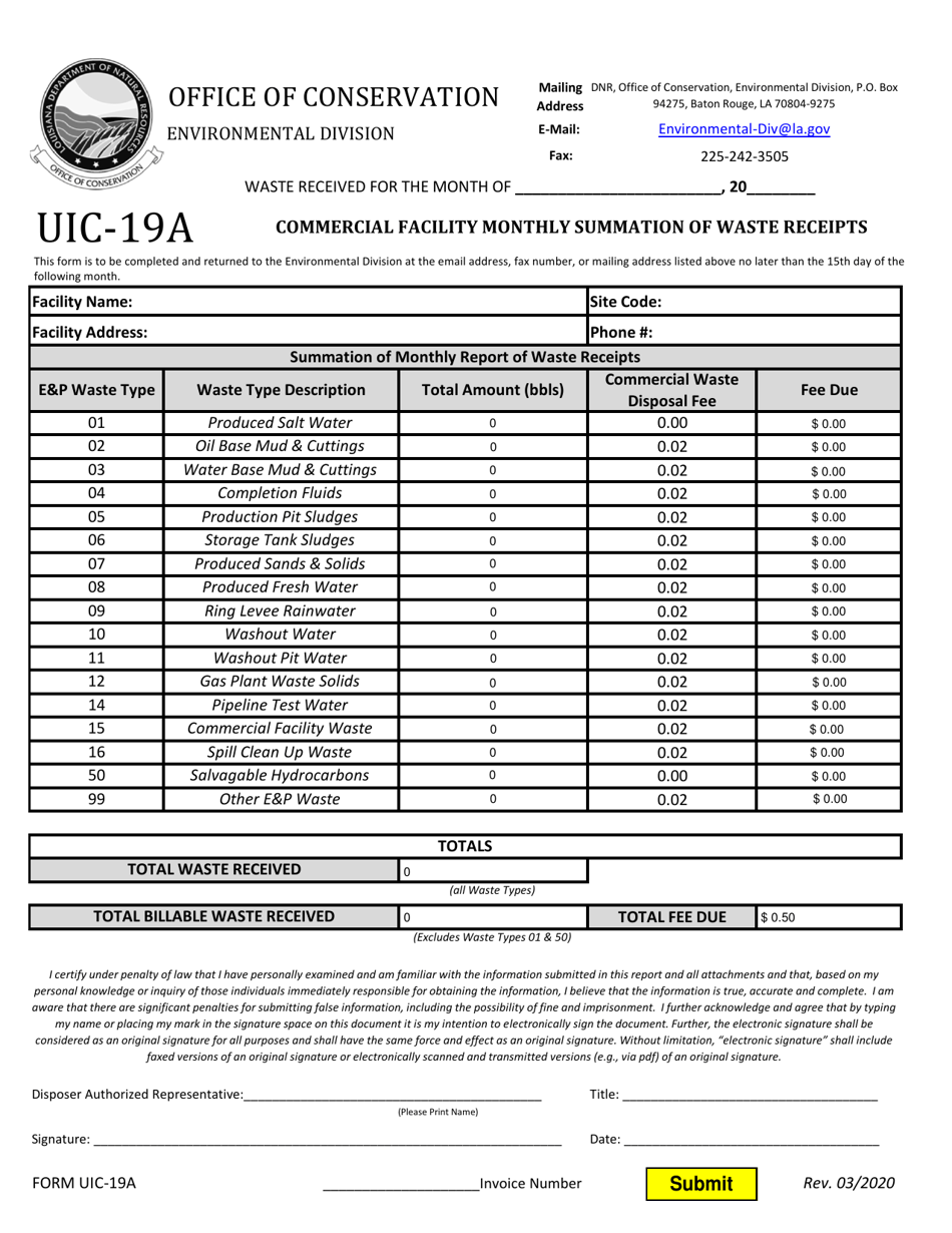Form UIC-19A Commercial Facility Monthly Summation of Waste Receipts - Louisiana, Page 1