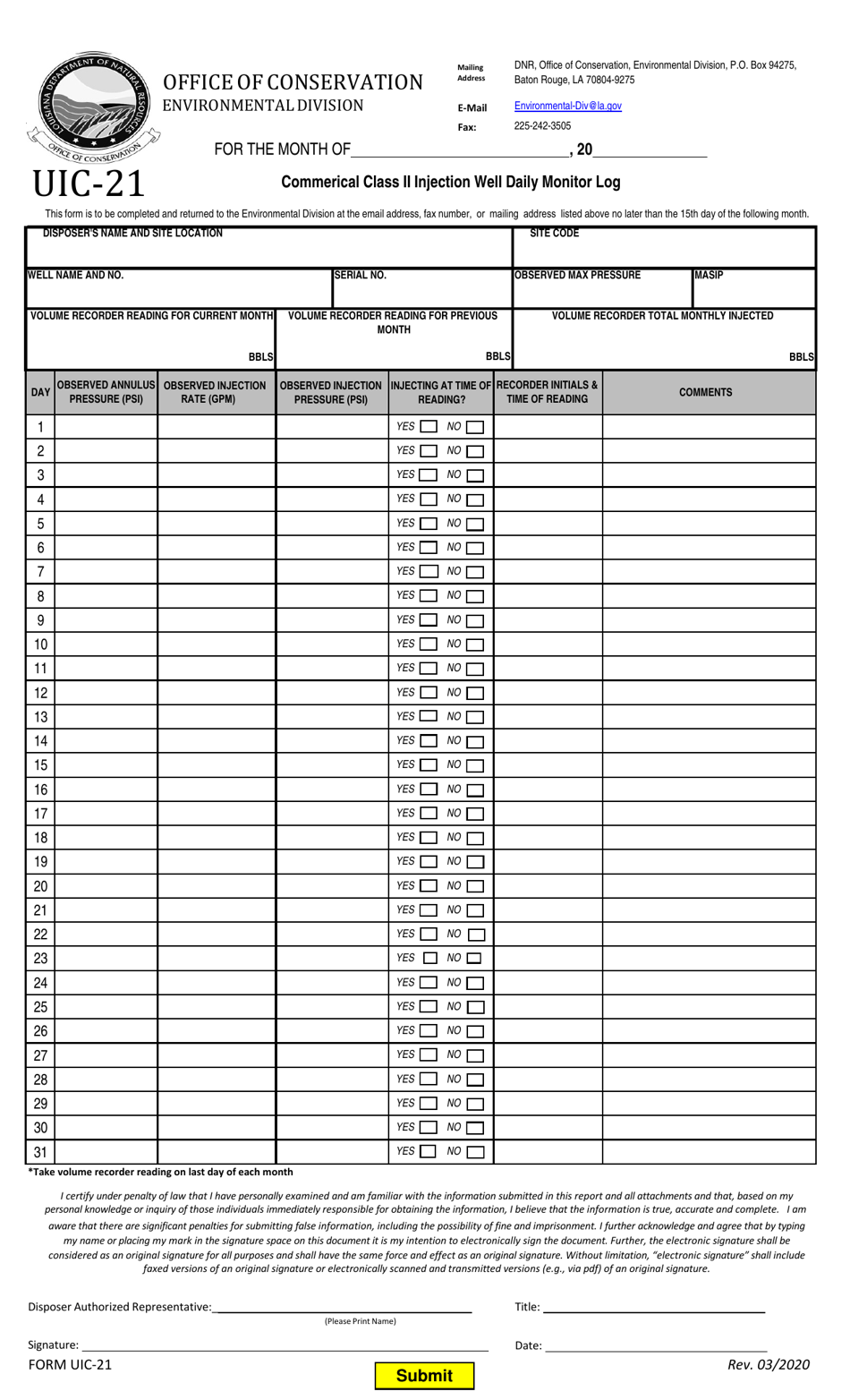 Form UIC21 Download Fillable PDF or Fill Online Commercial Class II