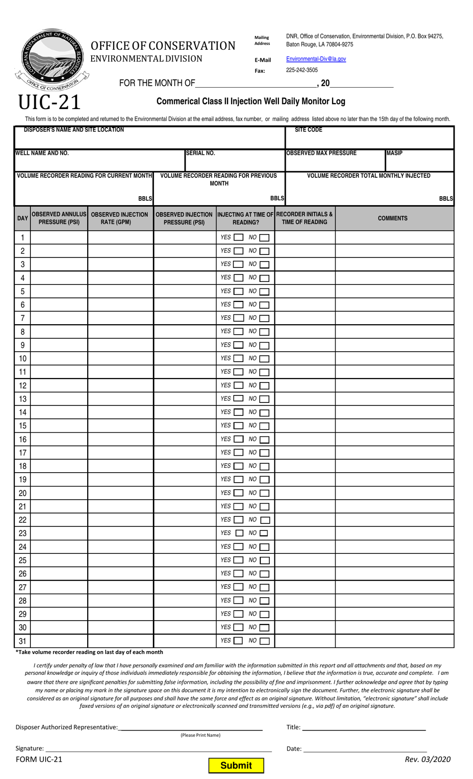 Form UIC-21 Commercial Class II Injection Well Daily Monitor Log - Louisiana, Page 1