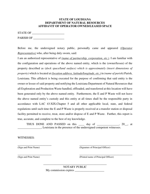 Affidavit of Operator Owned / Leased Space - Louisiana Download Pdf