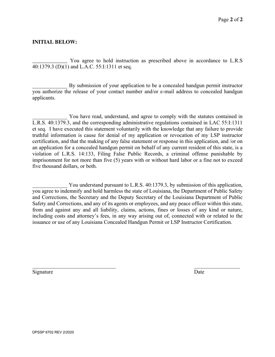 Form DPSSP6702 Concealed Handgun Permit Unit Instructor Information Form - Louisiana, Page 2