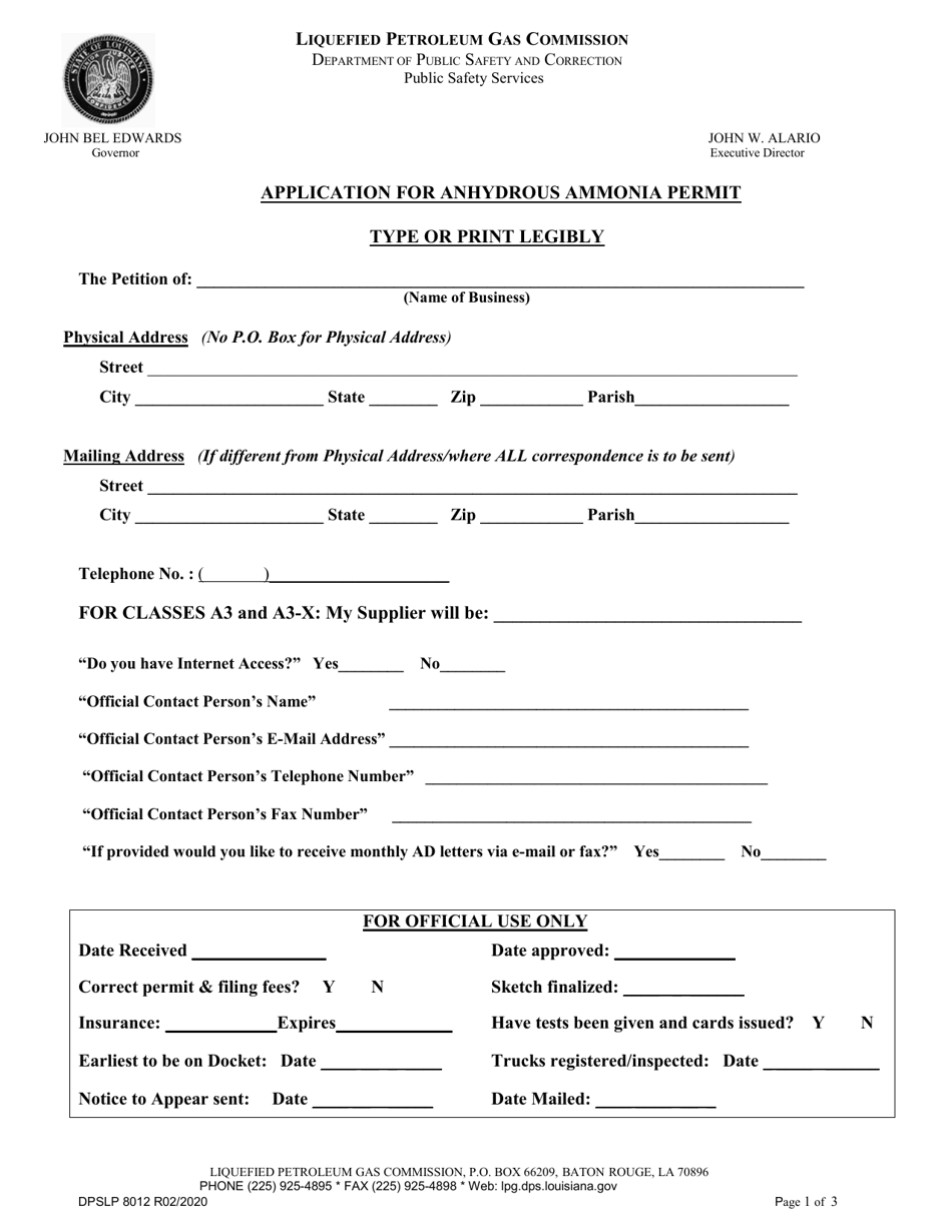 Form DPSLP8012 Application for Anhydrous Ammonia Permit - Louisiana, Page 1