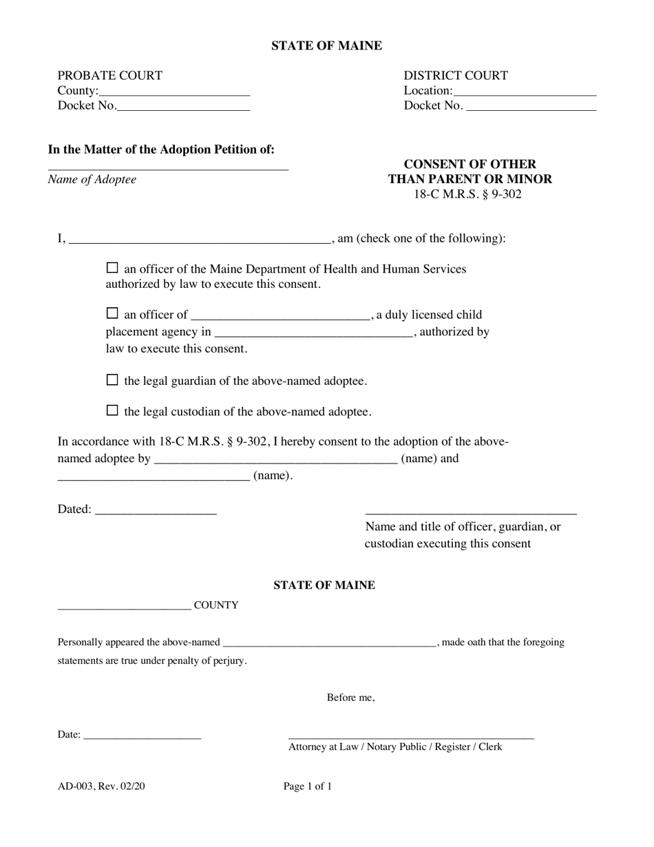 Form AD-003 Consent of Other Than Parent or Minor - Maine, Page 1
