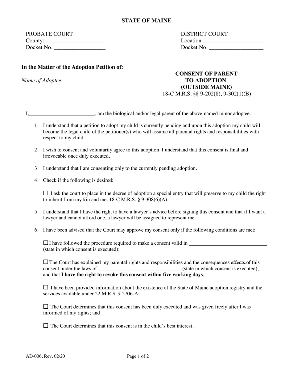 Form AD-006 Consent of Parent to Adoption (Outside Maine) - Maine, Page 1
