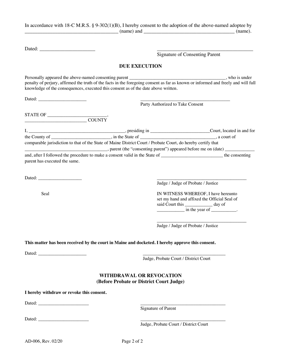 Form AD-006 Consent of Parent to Adoption (Outside Maine) - Maine, Page 2