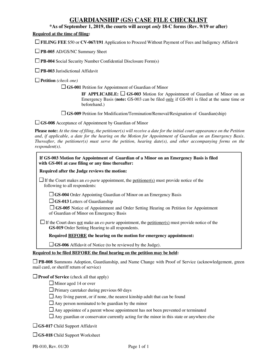 Form PB-010 Guardianship (Gs) Case File Checklist - Maine, Page 1
