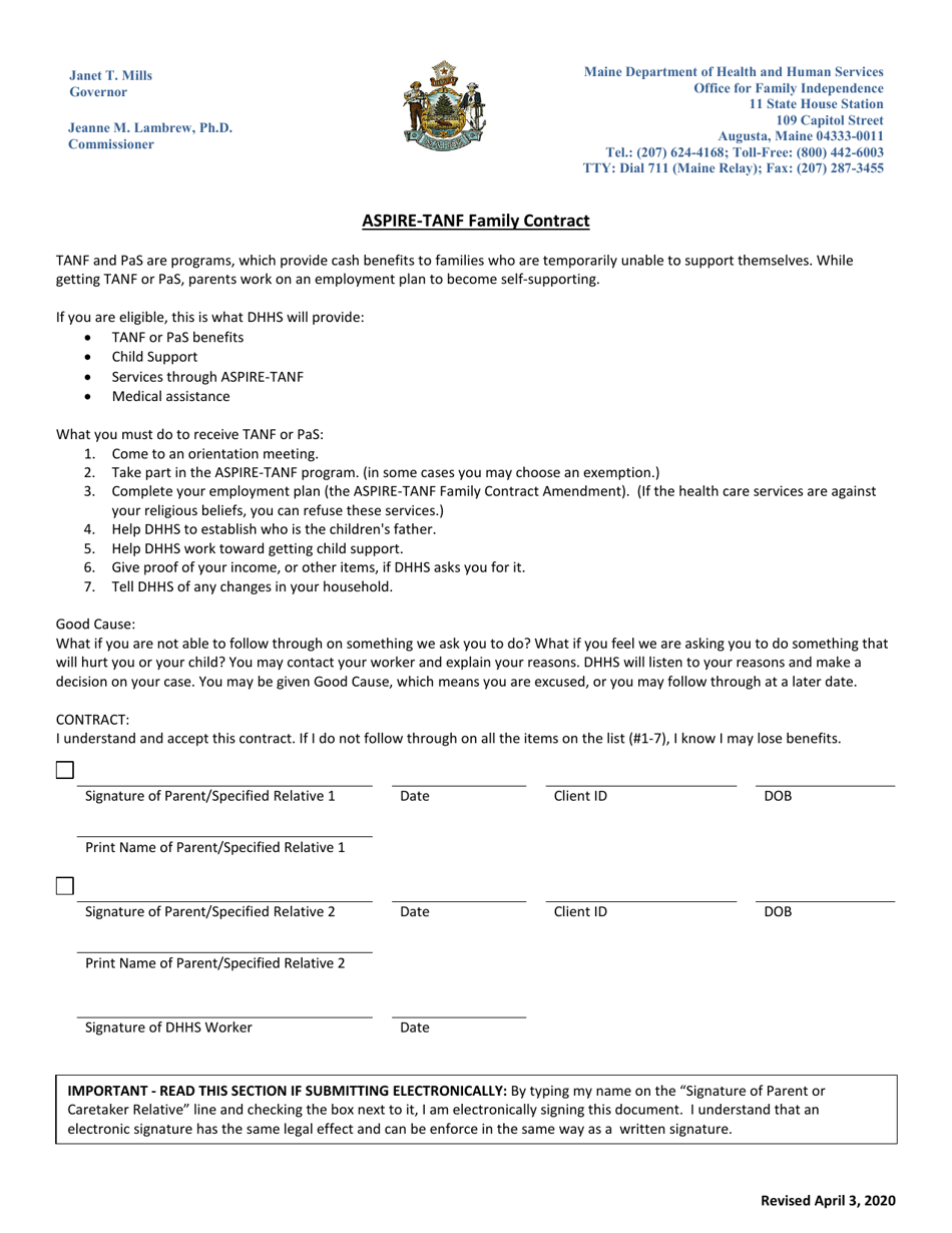 Aspire-TANF Family Contract - Maine, Page 1