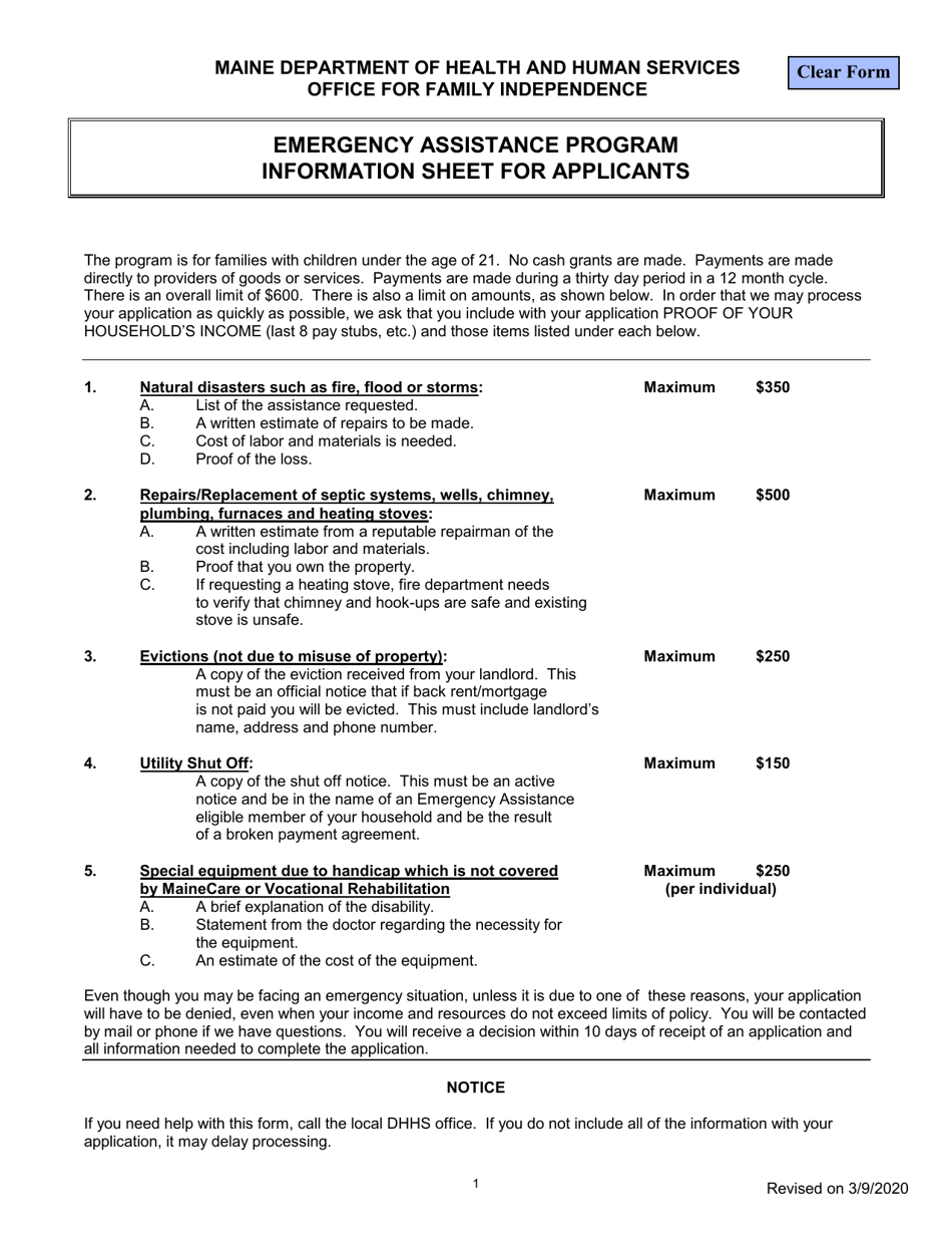 Application for Emergency Assistance - Maine, Page 1