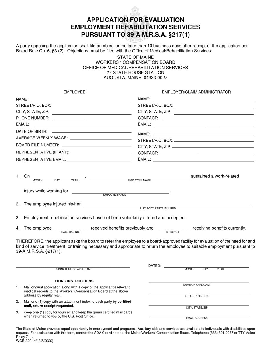 Form WCB-320 Application for Evaluation Employment Rehabilitation Services Pursuant to 39-a M.r.s.a. Section 217(1) - Maine, Page 1