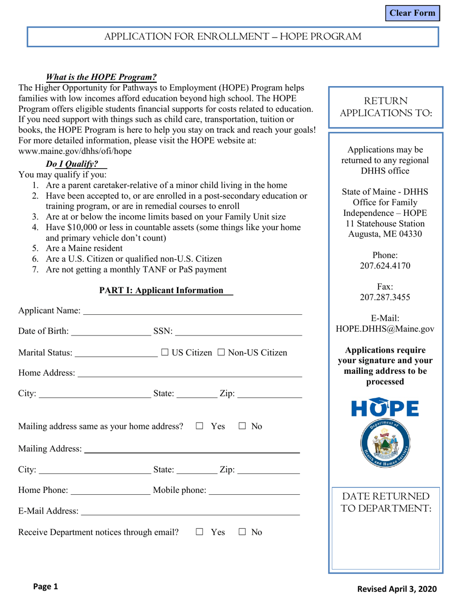 Application for Enrollment - Hope Program - Maine, Page 1