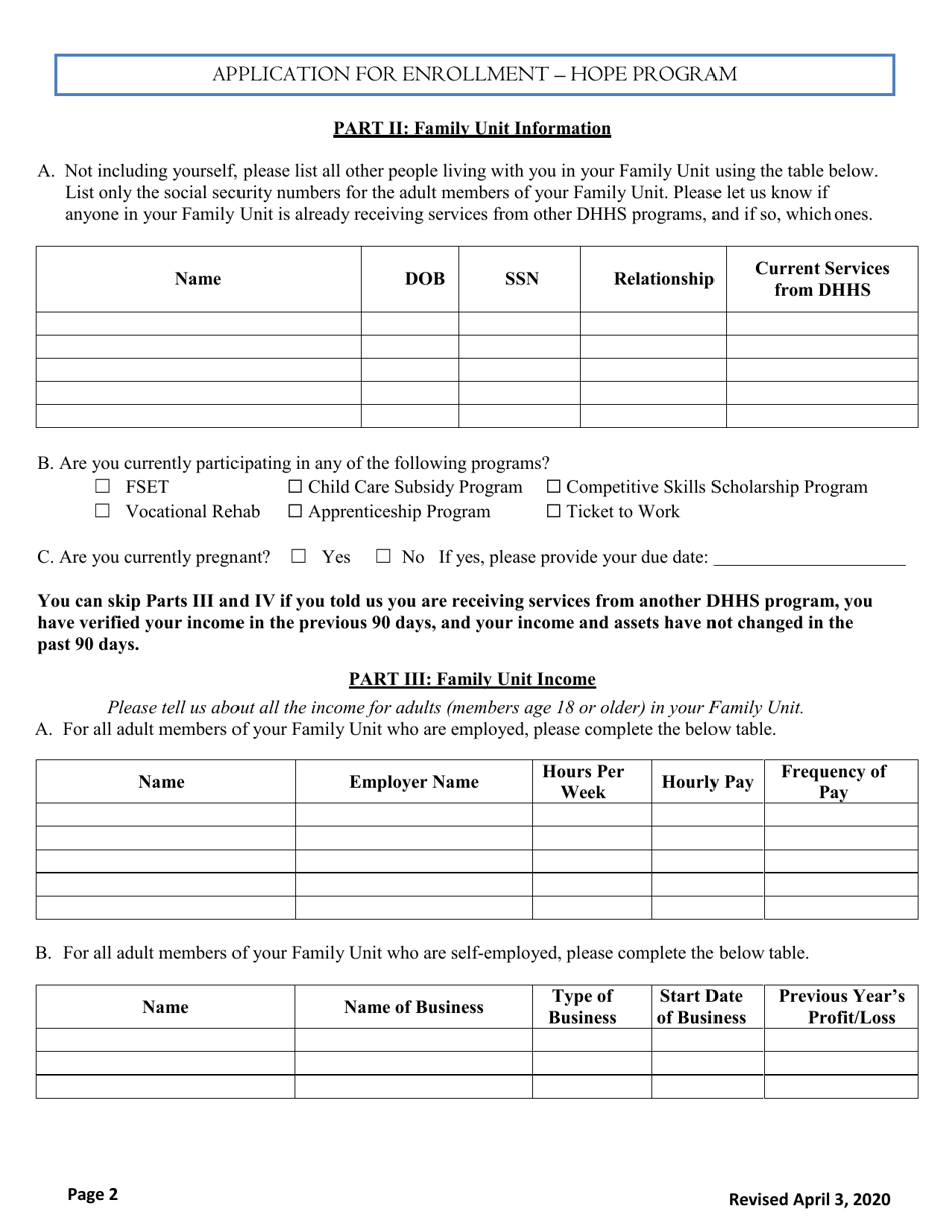 Application for Enrollment - Hope Program - Maine, Page 2