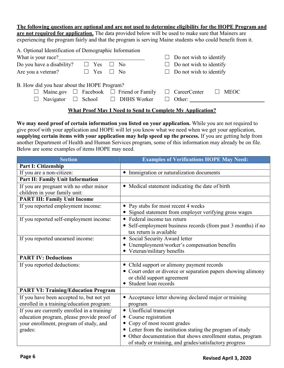 Application for Enrollment - Hope Program - Maine, Page 6