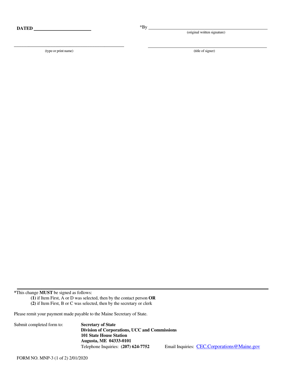 Form MNP-3 Change of Contact Person and / or Address - Maine, Page 2