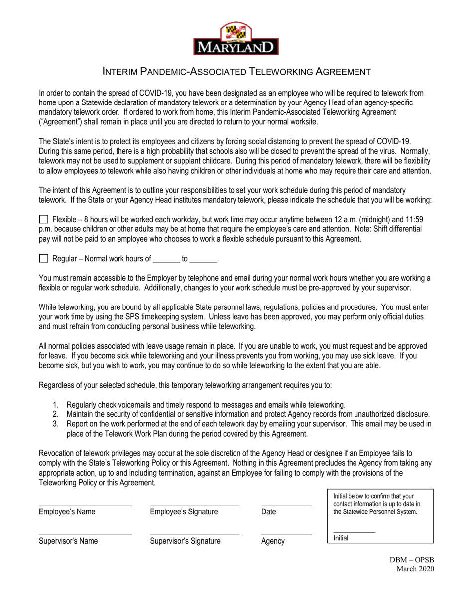 Interim Pandemic-Associated Teleworking Agreement - Maryland, Page 1
