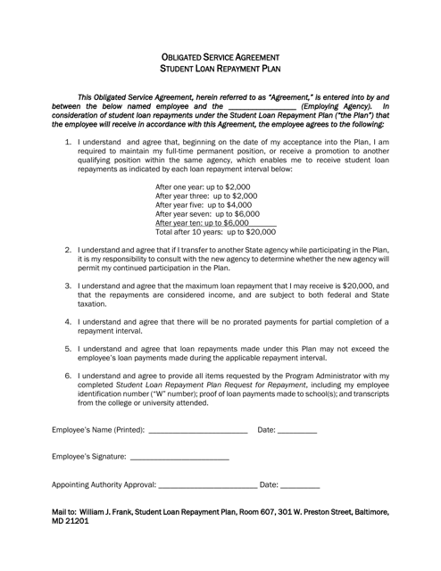 Obligated Service Agreement - Student Loan Repayment Plan - Maryland Download Pdf