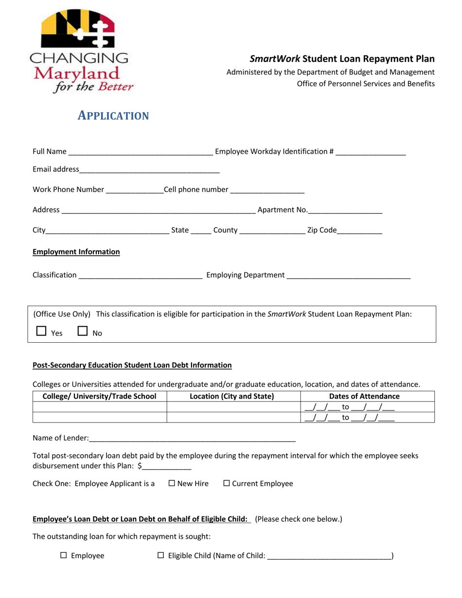Smartwork Student Loan Repayment Plan Application - Maryland, Page 1