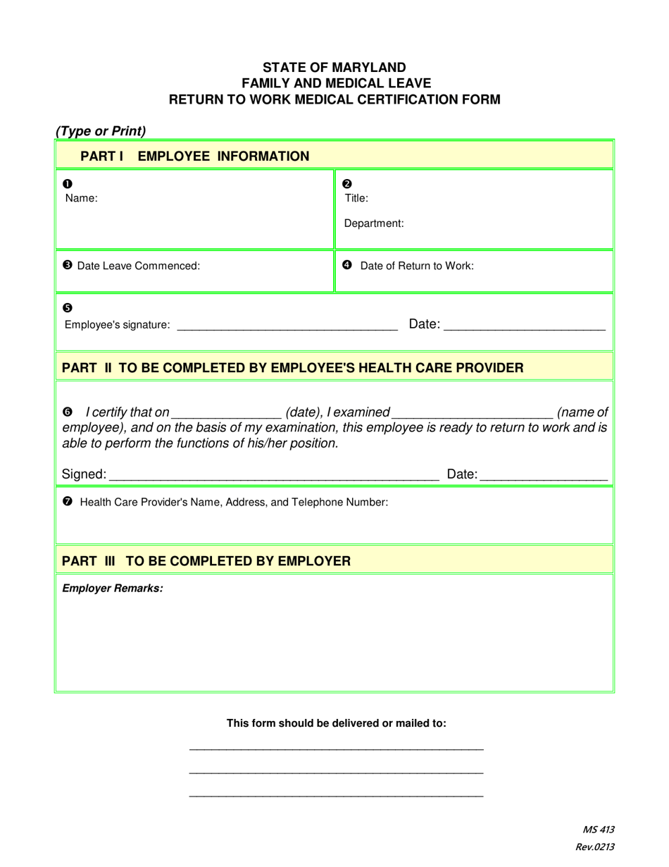 Form MS413 Return to Work Medical Certification Form - Maryland, Page 1