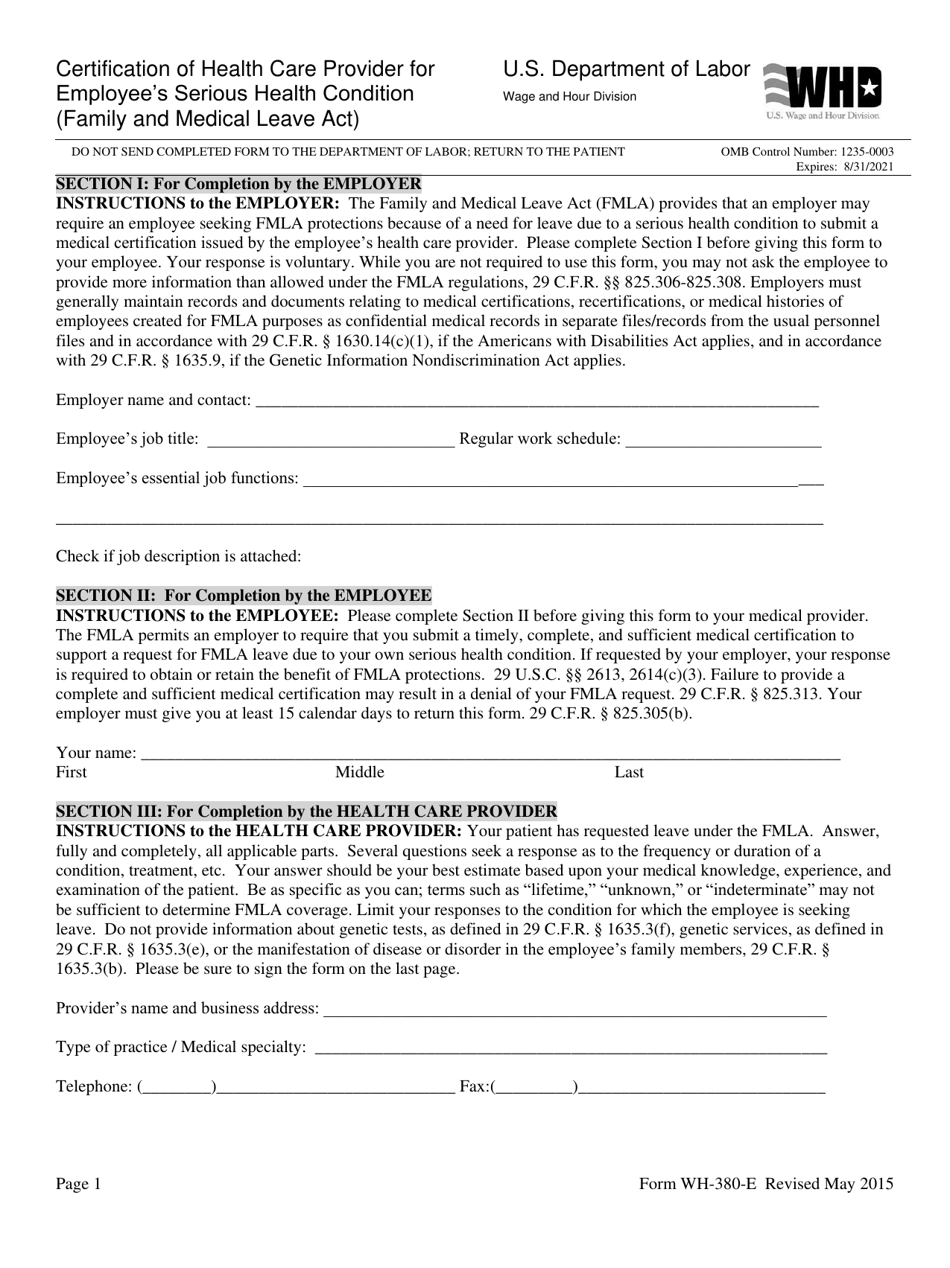 Form WH-380-E Certification of Health Care Provider for Employees Serious Health Condition (Family and Medical Leave Act), Page 1