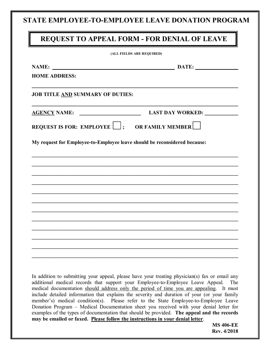 Form MS406-EE Request to Appeal Form for Denial of Leave - Maryland, Page 1