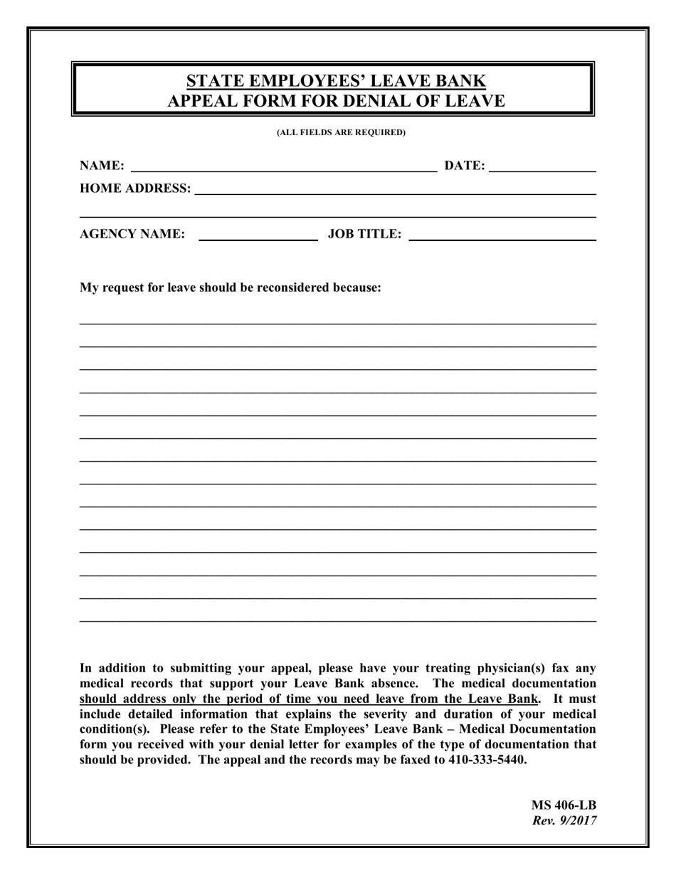 Form MS406-LB State Employees Leave Bank Appeal Form for Denial of Leave - Maryland, Page 1
