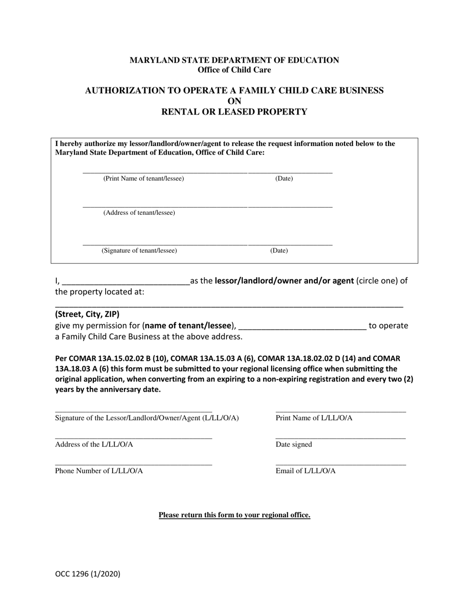 Form OCC1296 Authorization to Operate a Family Child Care Business on Rental or Leased Property - Maryland, Page 1