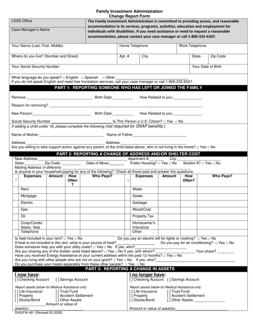 Form DHS/FIA491 Change Report Form - Maryland