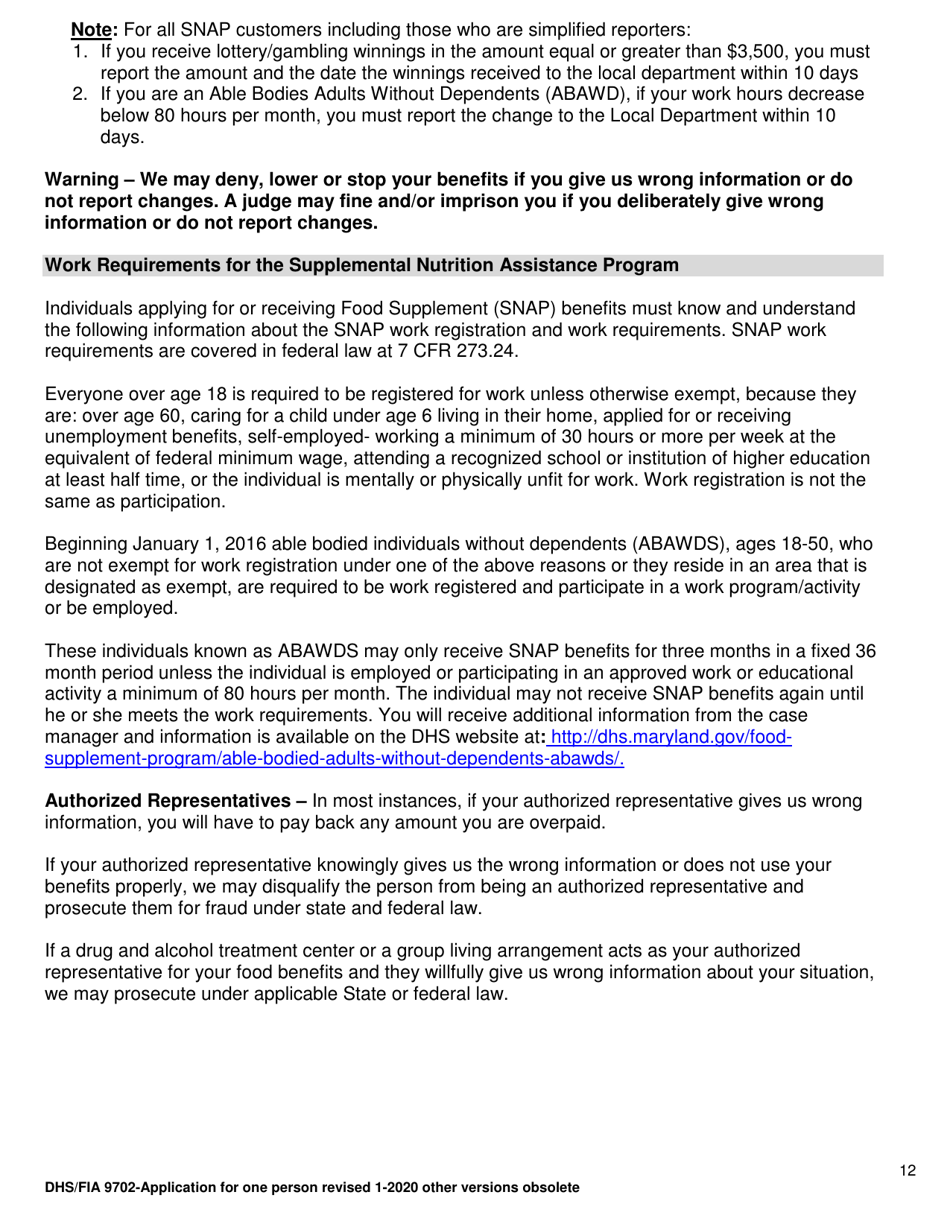 Form DHS / FIA9702 Application for Assistance for One Person - Maryland, Page 12