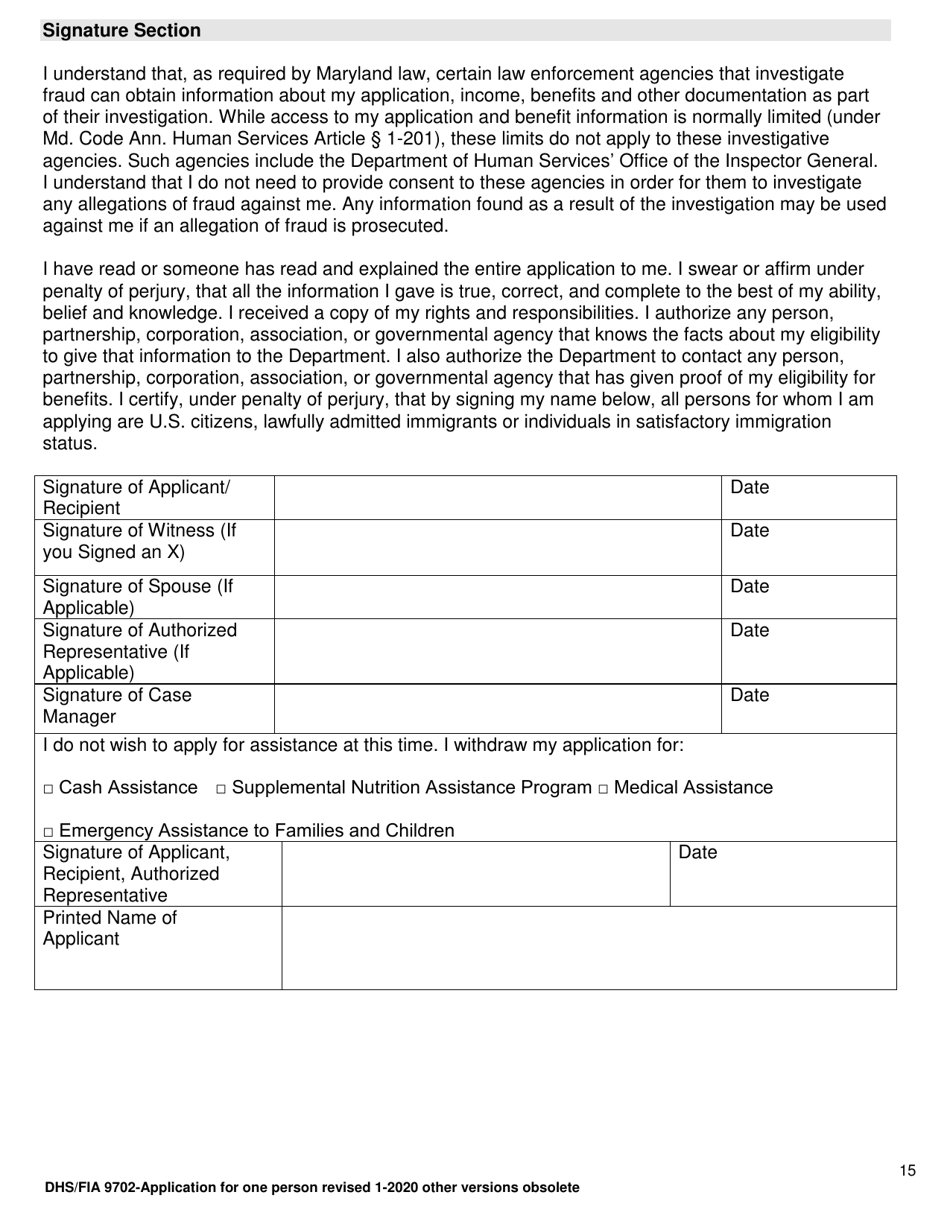 Form DHS / FIA9702 Application for Assistance for One Person - Maryland, Page 15