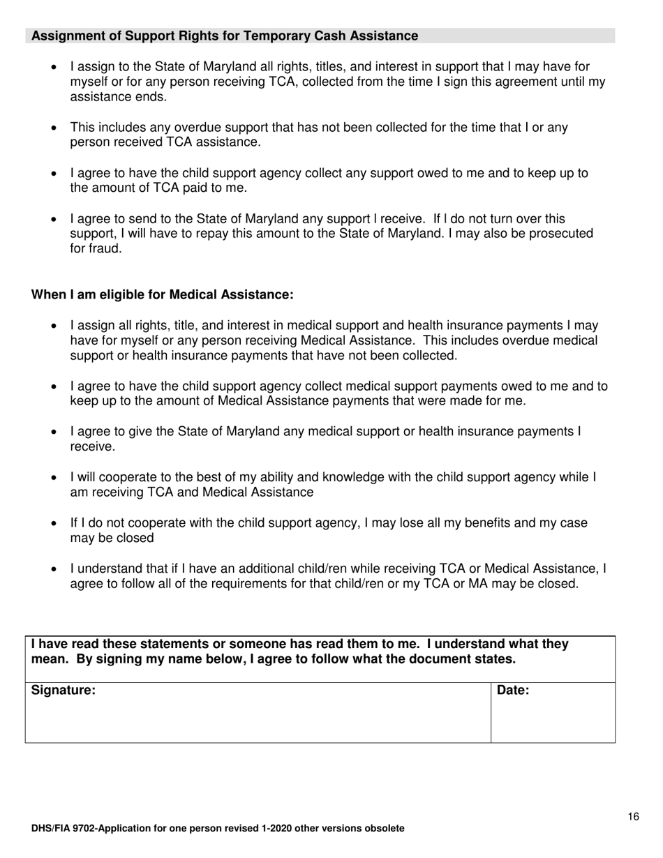 Form DHS / FIA9702 Application for Assistance for One Person - Maryland, Page 16