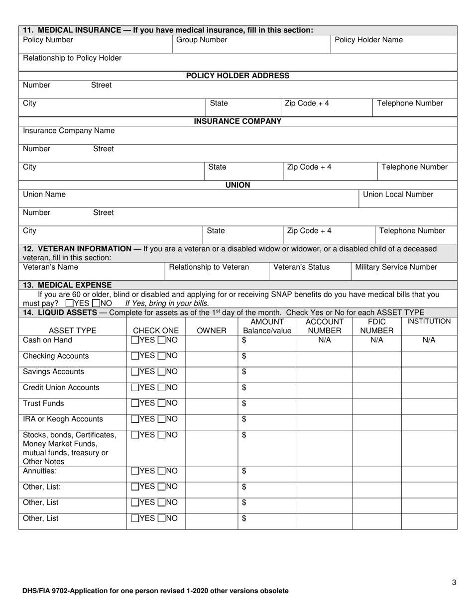 Form DHS / FIA9702 Application for Assistance for One Person - Maryland, Page 3